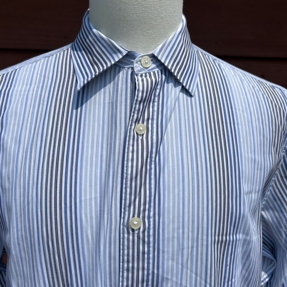 Michael Kors Men's Shirt Size‎ L Blue White Black Stripe Long Sleeve 100% Cotton - Picture 1 of 5